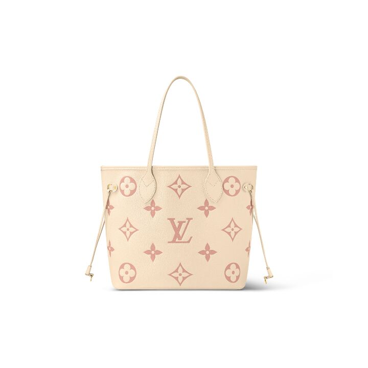 LOUIS VUITTON NEVERFULL MM 双色老花压纹 牛皮 托特包Tote子母包单肩手提包 中号 女款 奶油白/粉色