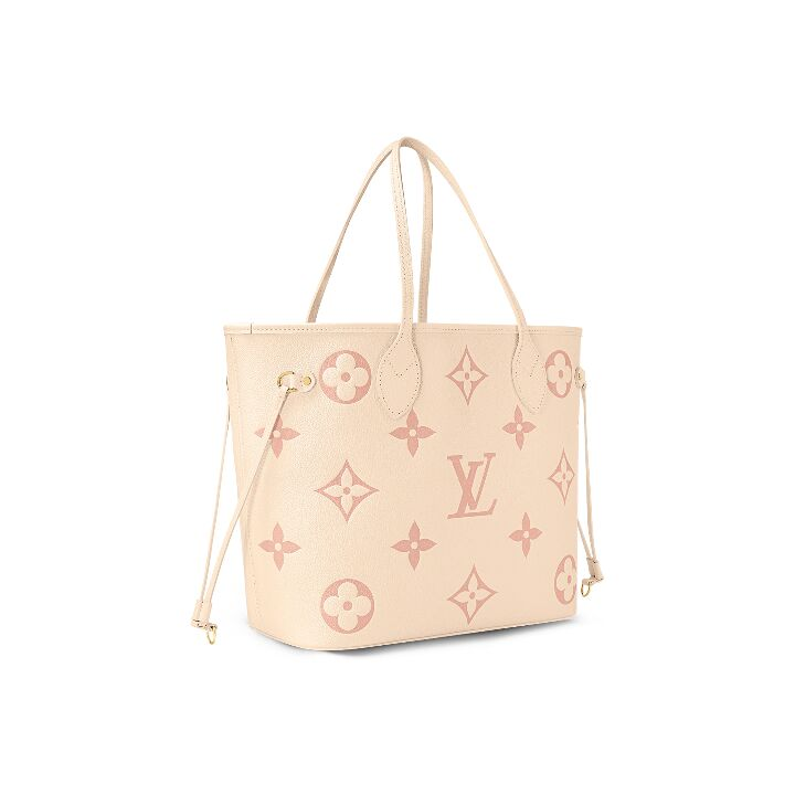 LOUIS VUITTON NEVERFULL MM 双色老花压纹 牛皮 托特包Tote子母包单肩手提包 中号 女款 奶油白/粉色