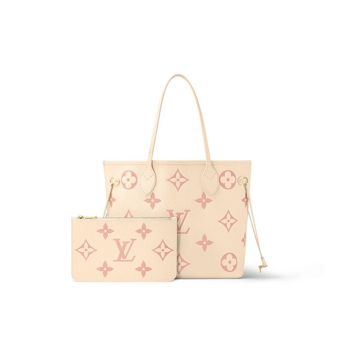 LOUIS VUITTON NEVERFULL MM 双色老花压纹 牛皮 托特包Tote子母包单肩手提包 中号 女款 奶油白/粉色