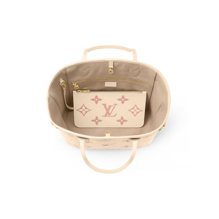 LOUIS VUITTON NEVERFULL MM 双色老花压纹 牛皮 托特包Tote子母包单肩手提包 中号 女款 奶油白/粉色