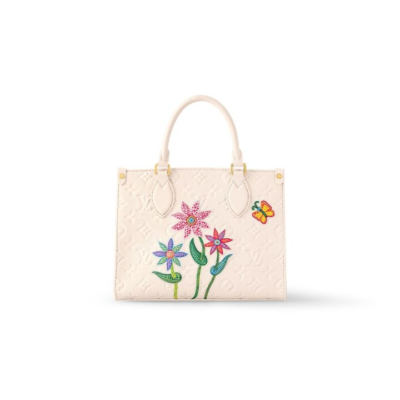 LOUIS VUITTON x Yayoi Kusama草间弥生 联名款 ONTHEGO PM Cabas 老花压纹 牛皮 单肩手提包 小号 女款 米色