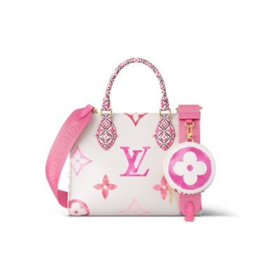 LOUIS VUITTON ONTHEGO 夏日限定水彩可拆卸调节肩带图案压花 帆布 托特包Tote包购物袋手提包 小号 女款 白色/粉色