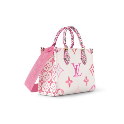 LOUIS VUITTON ONTHEGO 夏日限定水彩可拆卸调节肩带图案压花 帆布 托特包Tote包购物袋手提包 小号 女款 白色/粉色