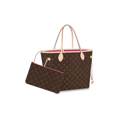 LOUIS VUITTON NEVERFULL MM 老花 涂层帆布拼牛皮饰边 托特包Tote包购物袋子母包单肩手提包 中号 女款 棕色牡丹粉内里