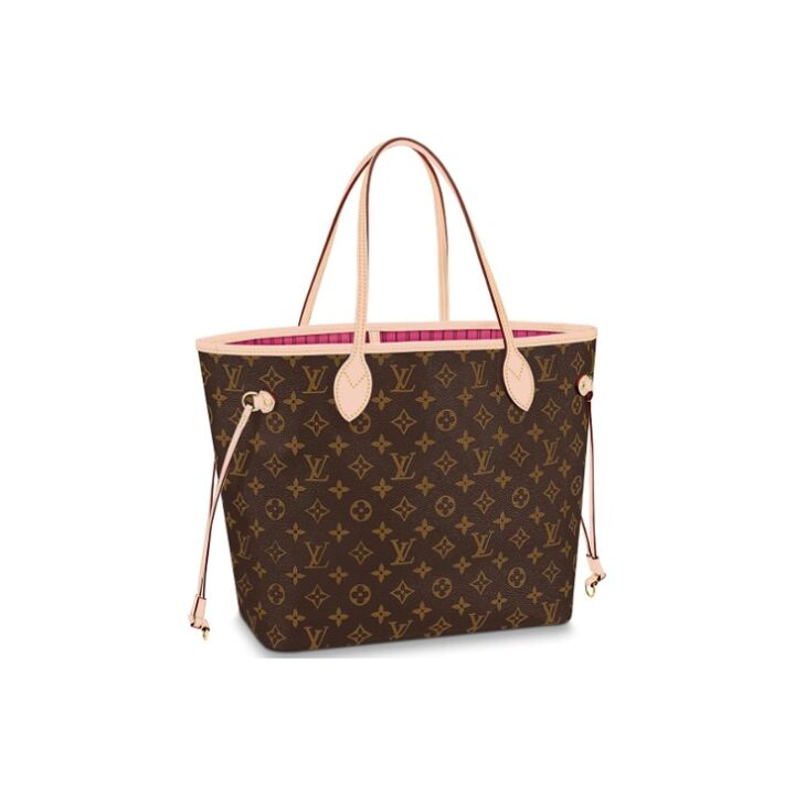 LOUIS VUITTON NEVERFULL MM 老花 涂层帆布拼牛皮饰边 托特包Tote包购物袋子母包单肩手提包 中号 女款 棕色牡丹粉内里