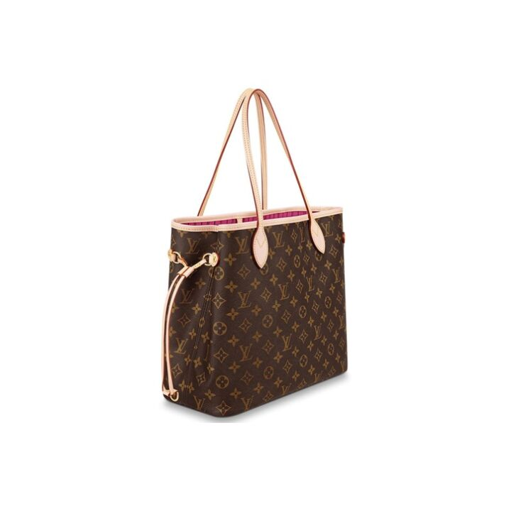 LOUIS VUITTON NEVERFULL MM 老花 涂层帆布拼牛皮饰边 托特包Tote包购物袋子母包单肩手提包 中号 女款 棕色牡丹粉内里