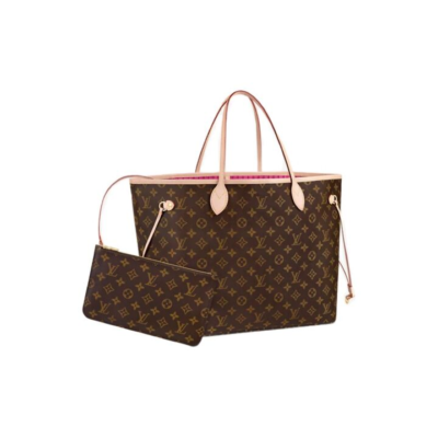 LOUIS VUITTON NEVERFULL GM 经典老花 涂层帆布拼牛皮革饰边 包子母包Tote包购物袋单肩手提包 大号 女款 棕色 #牡丹粉内里#