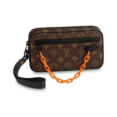 LOUIS VUITTON Pochette Volga 老花满印拉链开合 织物拼帆布 手腕包手拿包 男款 棕色