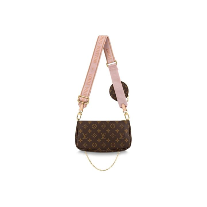 LOUIS VUITTON Multi Pochette Accessoires 金色金属件便携 涂层帆布拼牛皮饰边 五合一腋下包手拿单肩斜挎包 女款 肉粉色