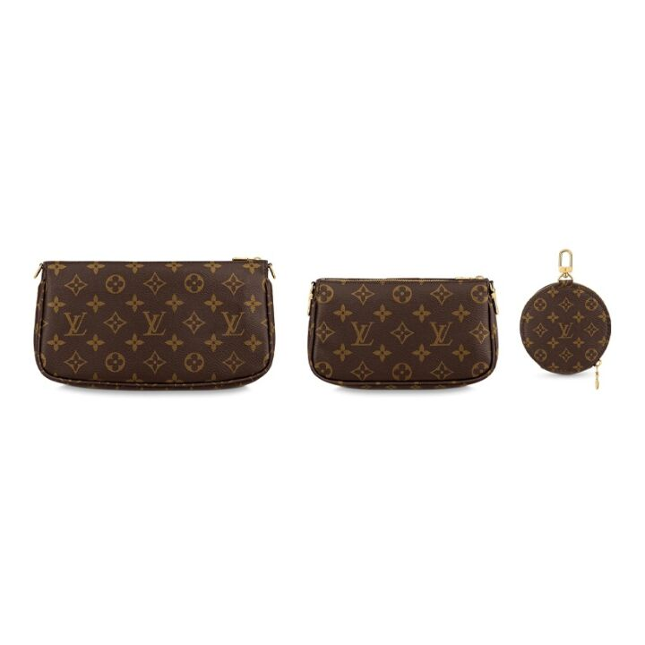 LOUIS VUITTON Multi Pochette Accessoires 金色金属件便携 涂层帆布拼牛皮饰边 五合一腋下包手拿单肩斜挎包 女款 肉粉色