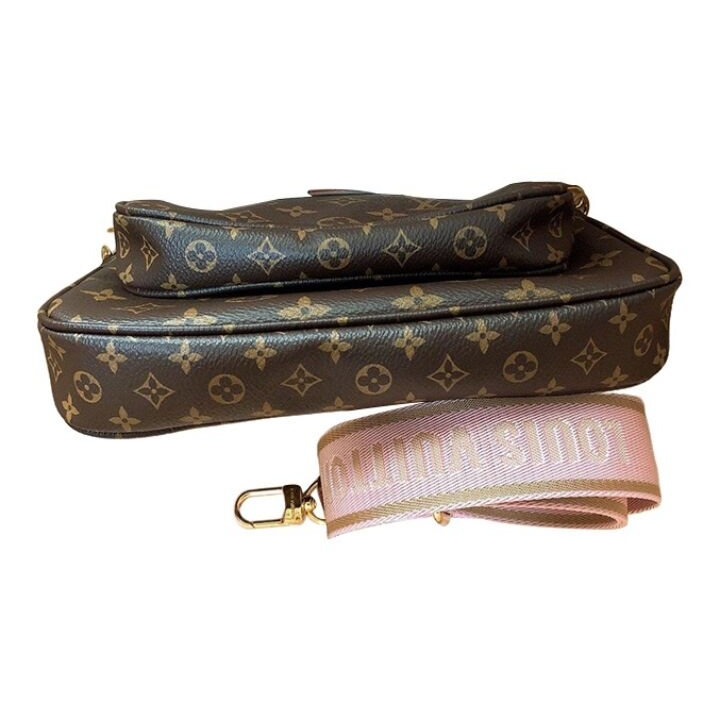 LOUIS VUITTON Multi Pochette Accessoires 金色金属件便携 涂层帆布拼牛皮饰边 五合一腋下包手拿单肩斜挎包 女款 肉粉色