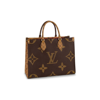 LOUIS VUITTON ONTHEGO MM 经典老花 涂层帆布 托特包Tote包购物袋手提单肩包 中号 女款 棕色/焦糖色拼色 #黑色肩带#