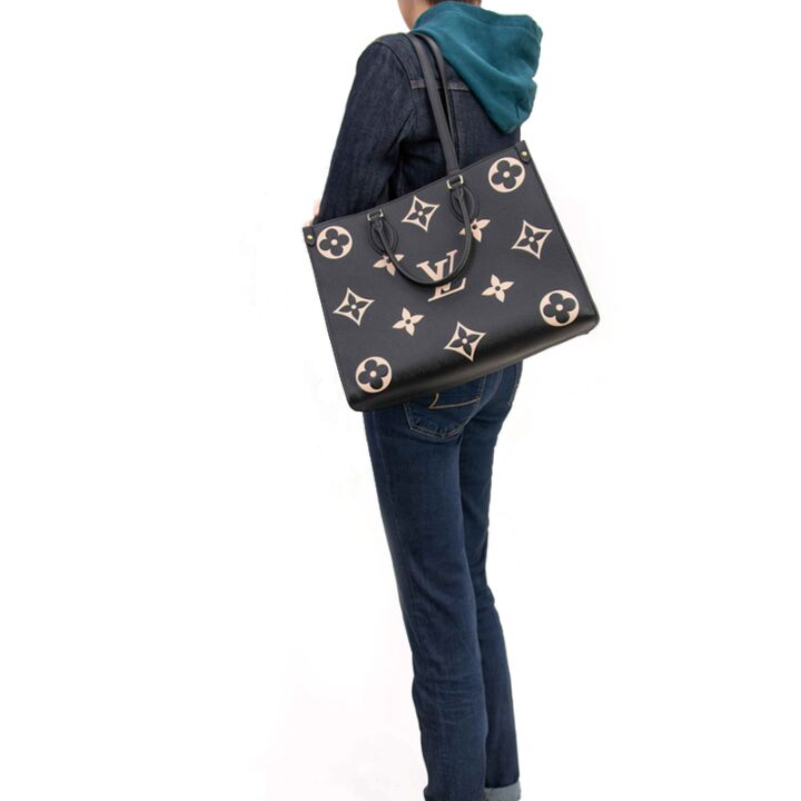 LOUIS VUITTON ONTHEGO 老花压纹 牛皮 托特包Tote包购物袋单肩手提包 中号 女款 黑色