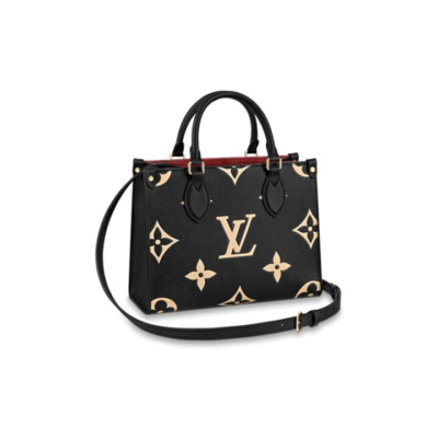 LOUIS VUITTON ONTHEGO 经典老花满印 压花粒面牛皮 托特包Tote包购物袋单肩手提包 小号 女款 黑色/米色