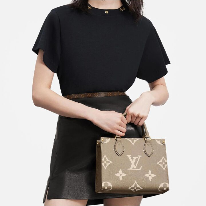 LOUIS VUITTON ONTHEGO PM 经典老花满印 牛皮革 托特包Tote包购物袋单肩手提包 小号 女款 大象灰/奶白色