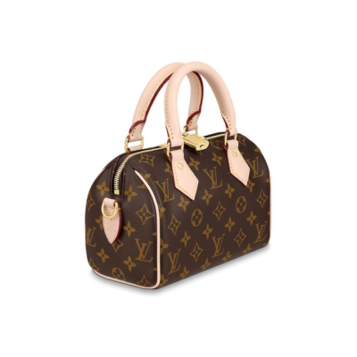 LOUIS VUITTON SpeedyBandoulière 20 经典老花刺绣Logo可调节可拆卸肩带 涂层帆布拼牛皮饰边 单肩斜挎手提包 女款 棕色