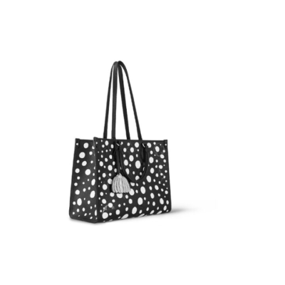 LOUIS VUITTON x Yayoi Kusama草间弥生 联名款 ONTHEGO MM 白色波点装饰 皮革 手提包 中号 女款 黑色