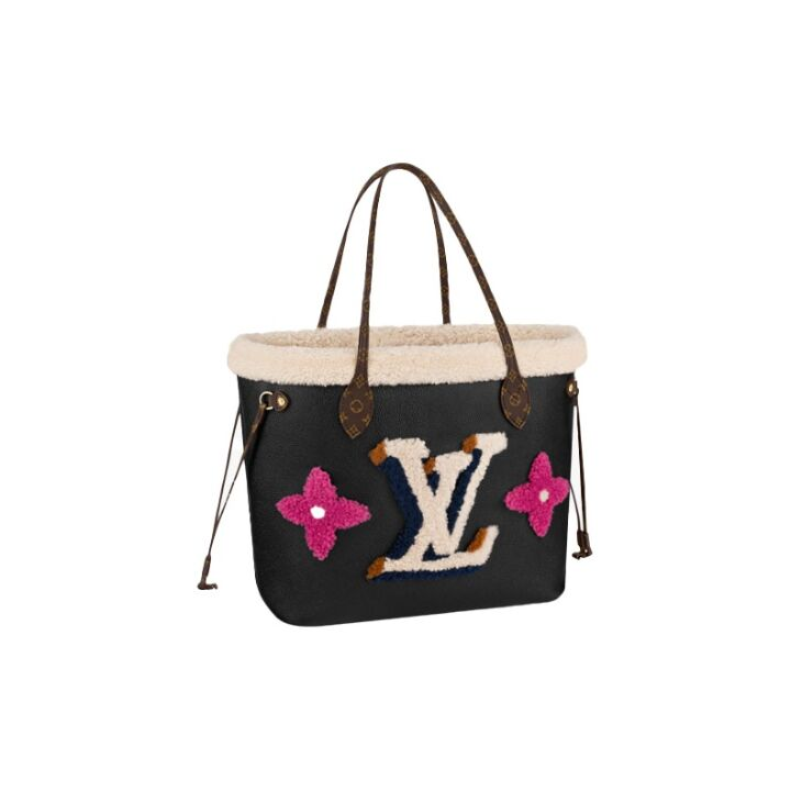 LOUIS VUITTON Neverfull MM 植绒/粒面牛皮老花肩带 托特包Tote子母包 单肩手提包 中号 女款 黑色