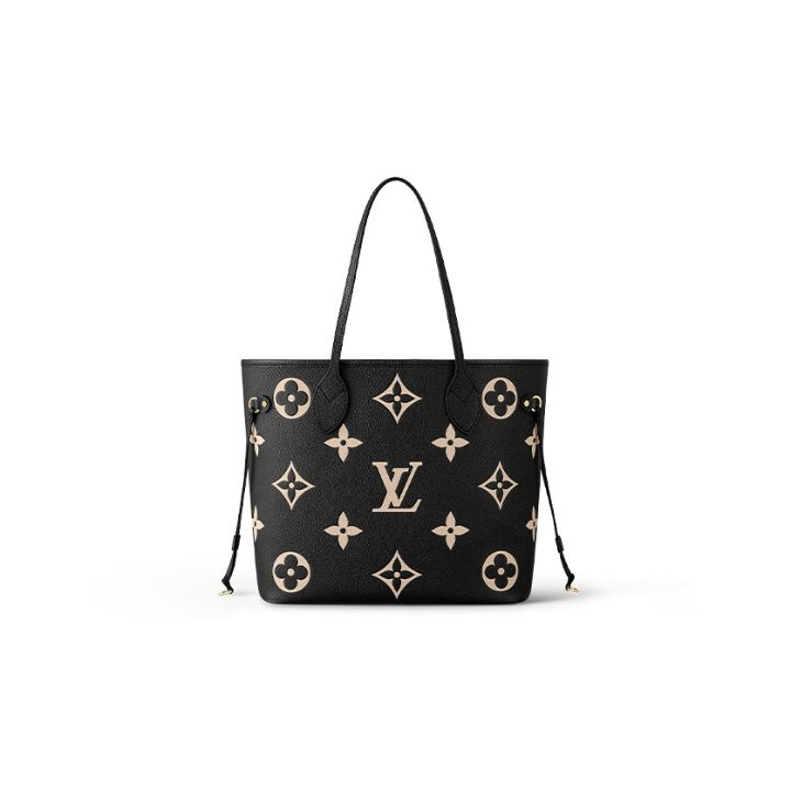 LOUIS VUITTON NEVERFULL MM老花压花 粒面牛皮 托特包Tote包购物袋单肩手提包 中号 女款 黑色/浅驼色