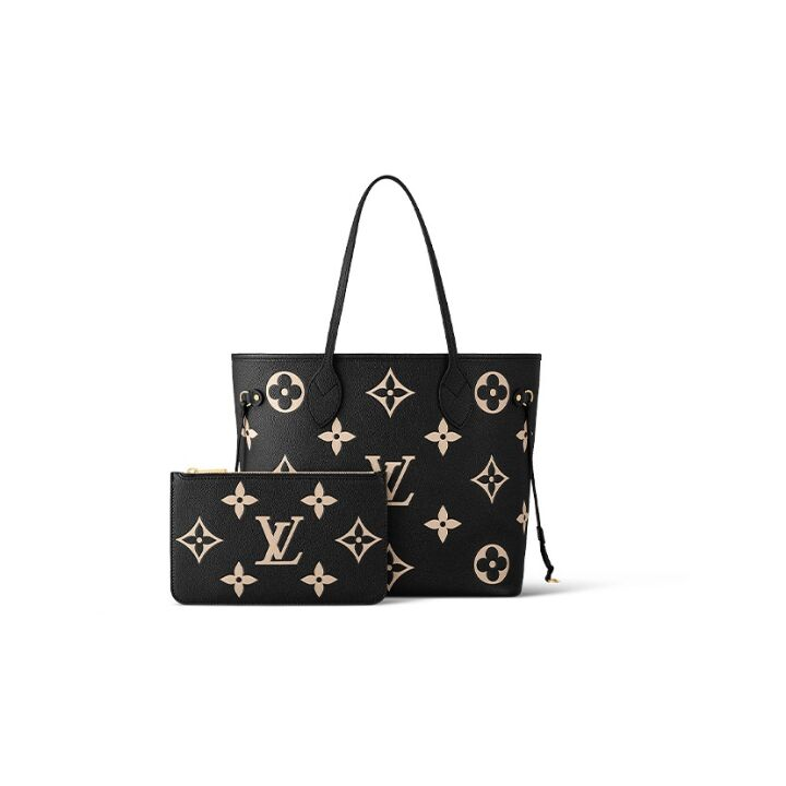 LOUIS VUITTON NEVERFULL MM老花压花 粒面牛皮 托特包Tote包购物袋单肩手提包 中号 女款 黑色/浅驼色