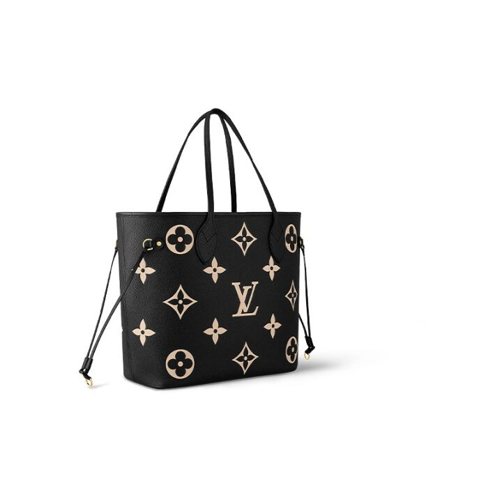 LOUIS VUITTON NEVERFULL MM老花压花 粒面牛皮 托特包Tote包购物袋单肩手提包 中号 女款 黑色/浅驼色