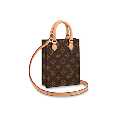 LOUIS VUITTON Petit Sac Plat 经典老花满印 涂层帆布拼牛皮 单肩斜挎手提包 迷你 女款 棕色