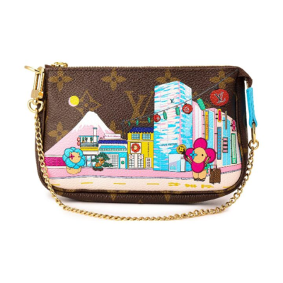 LOUIS VUITTON Pochette Accessories 复古老花涂鸦印花链条肩带 织物 腋下包单肩手提包 迷你 女款 棕色