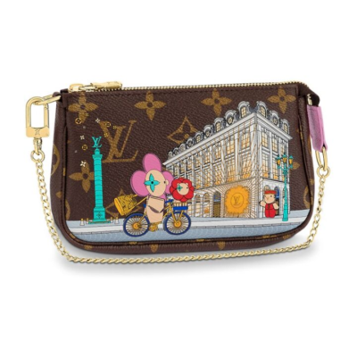 LOUIS VUITTON Pochette Accessories 小麻将棋盘格涂鸦链条 涂层帆布 单肩手提包 迷你 女款 棕色