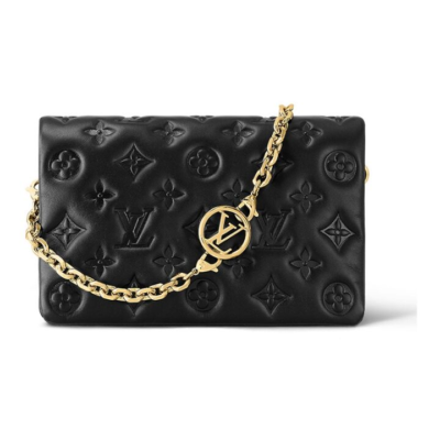 LOUIS VUITTON Pochette Coussin 字母压印图案翻盖闭合链条 羊皮革 斜挎单肩包 女款 黑色