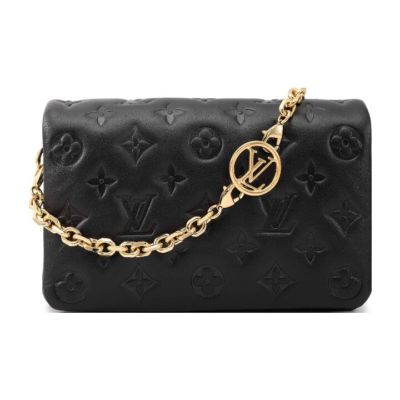 LOUIS VUITTON Pochette Coussin 字母压印图案翻盖闭合链条 羊皮革 斜挎单肩包 女款 黑色