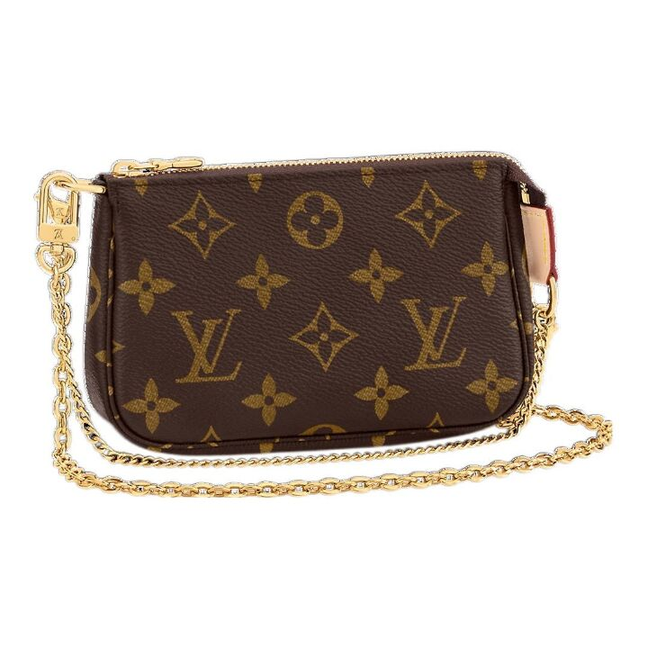 LOUIS VUITTON Mini Pochette 双链条小麻将经典老花 涂层帆布拼牛皮皮革 手提单肩斜挎包 迷你 女款 棕色