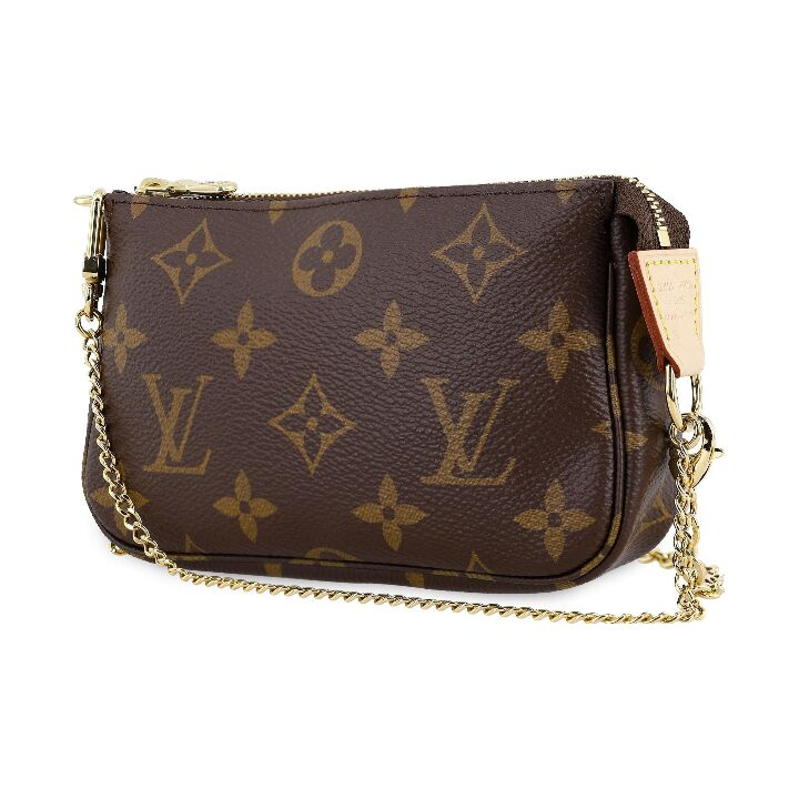 LOUIS VUITTON Mini Pochette 双链条小麻将经典老花 涂层帆布拼牛皮皮革 手提单肩斜挎包 迷你 女款 棕色