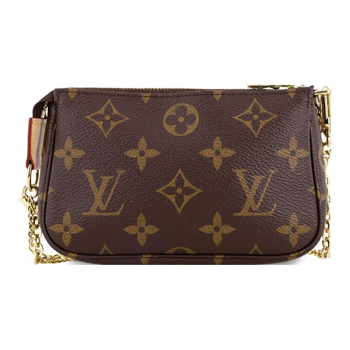 LOUIS VUITTON Mini Pochette 双链条小麻将经典老花 涂层帆布拼牛皮皮革 手提单肩斜挎包 迷你 女款 棕色