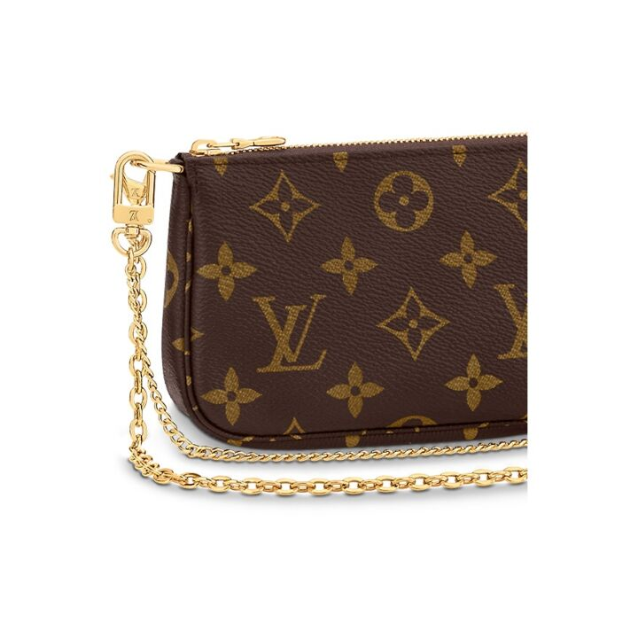 LOUIS VUITTON Mini Pochette 双链条小麻将经典老花 涂层帆布拼牛皮皮革 手提单肩斜挎包 迷你 女款 棕色