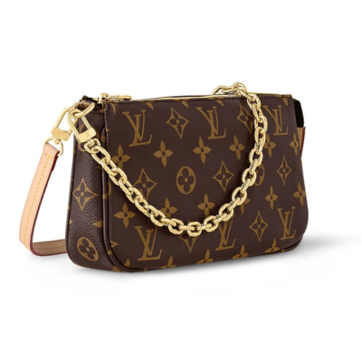 LOUIS VUITTON Pochette Accessoires 老花满印拉链开合 涂层帆布拼牛皮革饰边 手提单肩包 女款 棕色