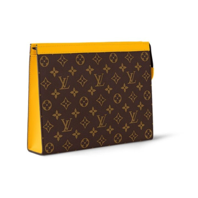 LOUIS VUITTON Pochette Voyage 老花满印拉链开合 Monogram Macassar 涂层帆布 手拿包 中号 男款 哑光黄