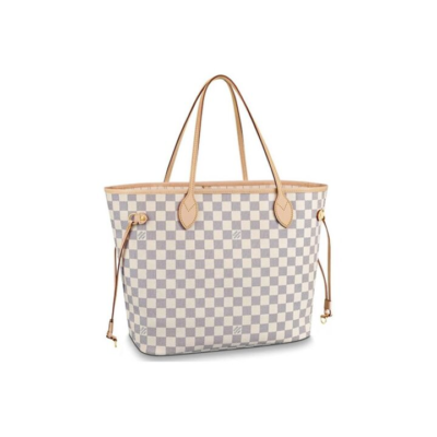 LOUIS VUITTON NEVERFULL MM 棋盘格 帆布拼牛皮饰边 子母包托特包Tote包购物袋单肩包手提包 中号 女款 白色 #米色内里#